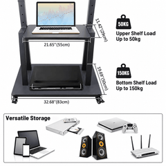 Mobile TV stand shelves holding a laptop and a DVD player, with a game console, speakers and a router shown below