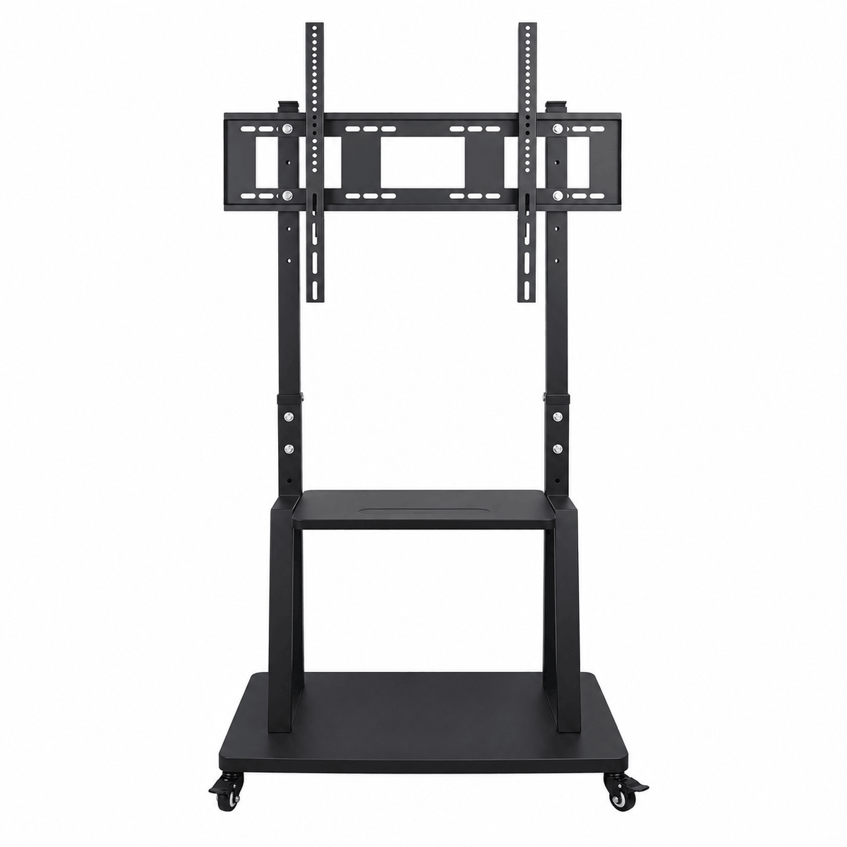 Black mobile TV floor stand with a VESA mounting bracket, two shelves and a wheeled base on a white background