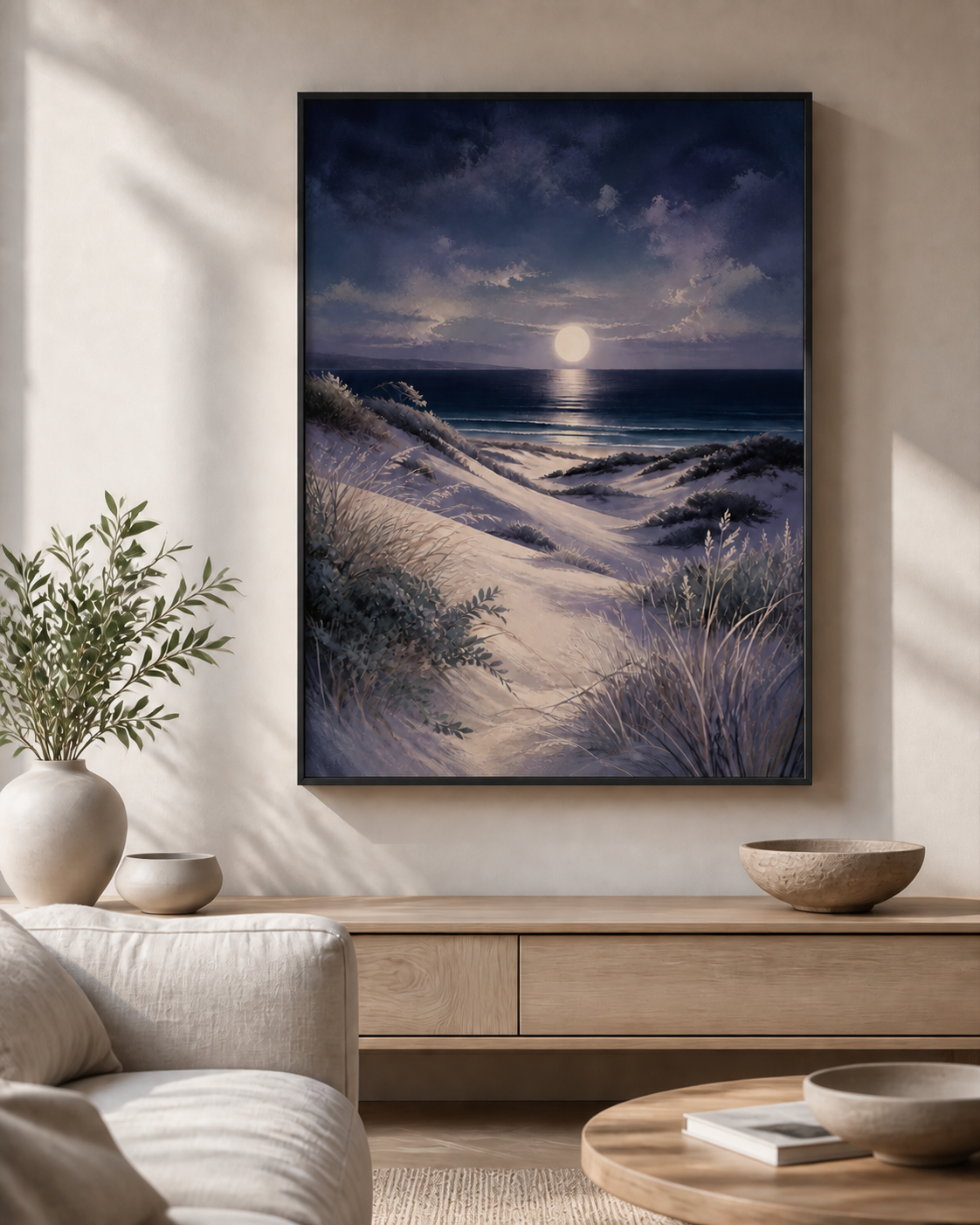 Moonlit Dunes canvas in a black floating frame