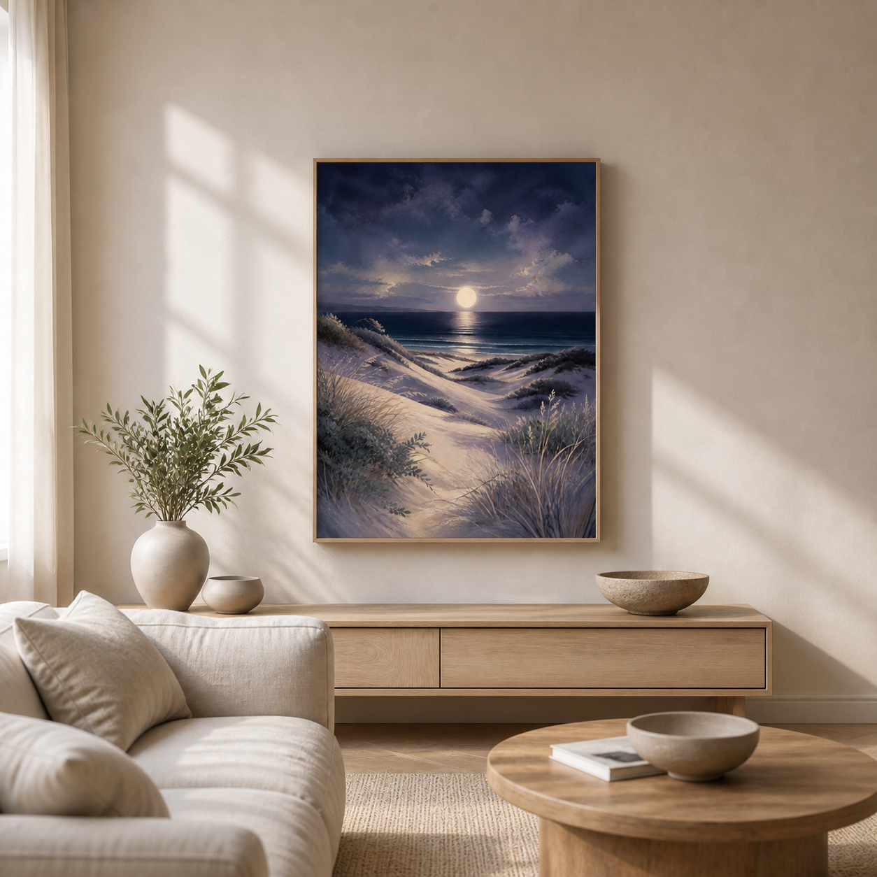 Moonlit Dunes canvas in a natural birch floating frame – full square lifestyle view