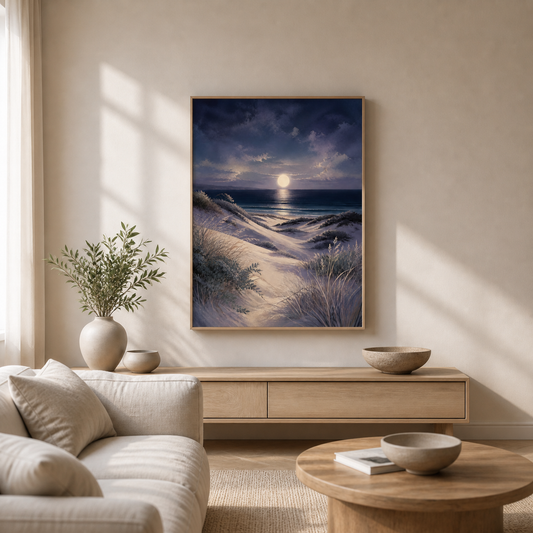 Moonlit Dunes canvas in a natural birch floating frame – full square lifestyle view