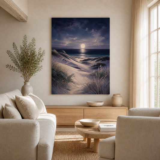 Moonlit Dunes stretched canvas in a styled living room – full square lifestyle view