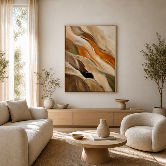 Ochre Current canvas in a natural birch floating frame – full square lifestyle view