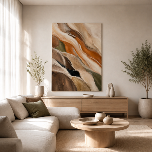 Ochre Current stretched canvas in a styled living room – full square lifestyle view