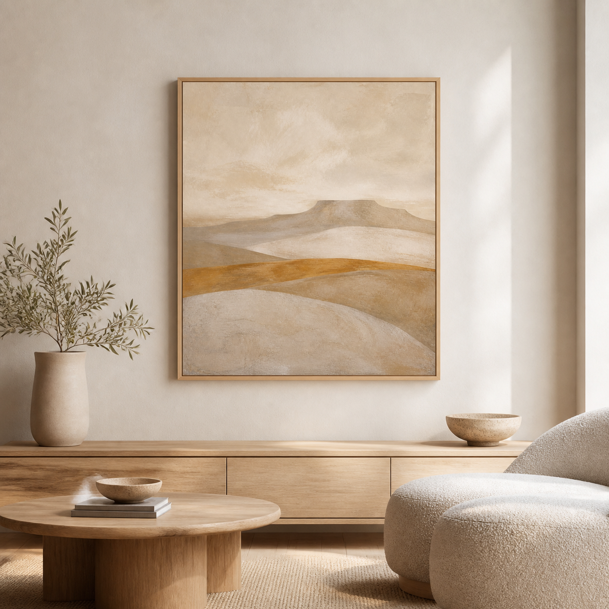 Ochre Horizon birch floating frame canvas in a neutral interior