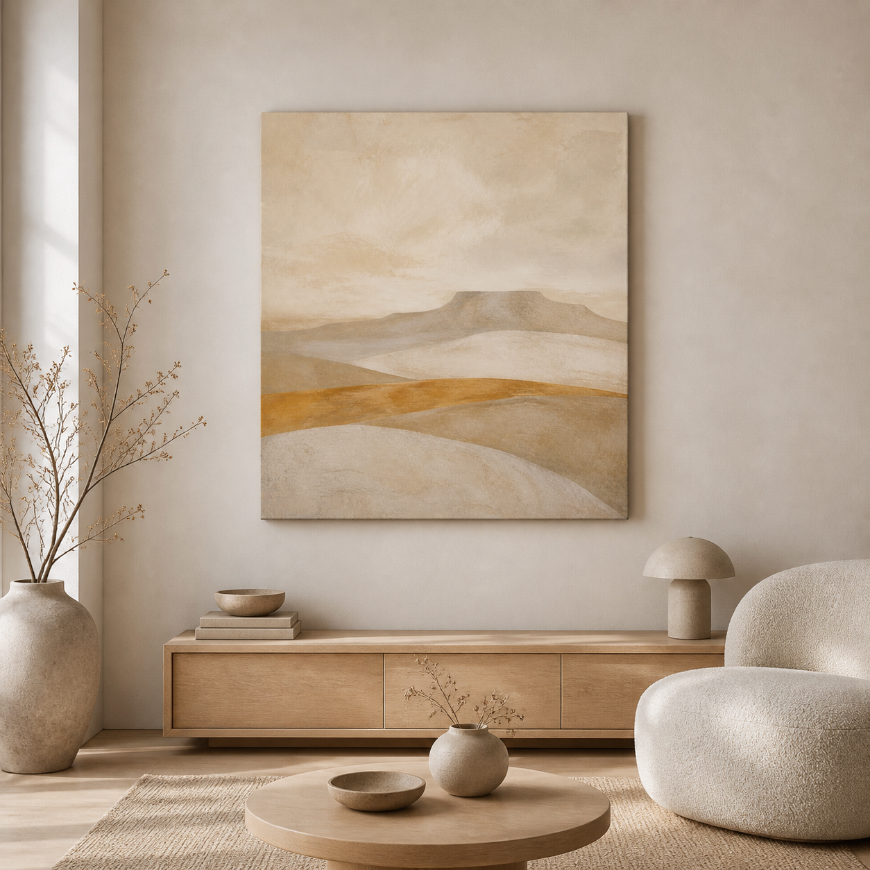 Ochre Horizon stretched canvas in a neutral interior