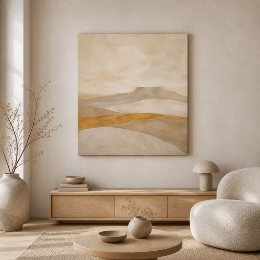 Ochre Horizon stretched canvas in a neutral interior