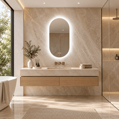 Oval LED bathroom mirror with a cool white glowing edge on a stone feature wall above a floating vanity and bathtub