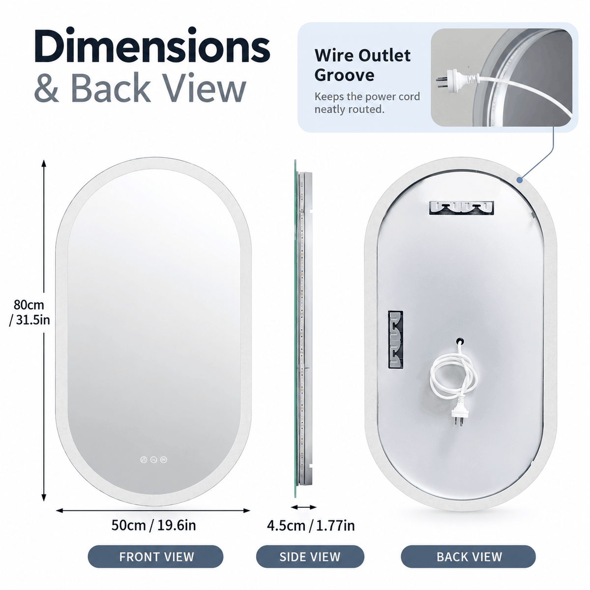 Front, side and back view diagram of an oval LED mirror showing its size, back brackets, power cord and wire groove