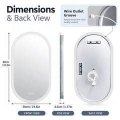Front, side and back view diagram of an oval LED mirror showing its size, back brackets, power cord and wire groove