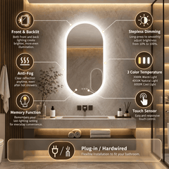 Oval LED bathroom mirror in a stone bathroom with icons showing the lighting, anti fog, memory and touch features