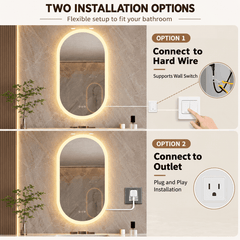 Two ways to power an oval LED mirror, one connected to a wall switch and one plugged into a wall outlet