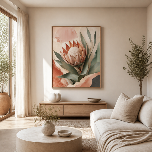 Protea Hush canvas in a natural birch floating frame – full square lifestyle view