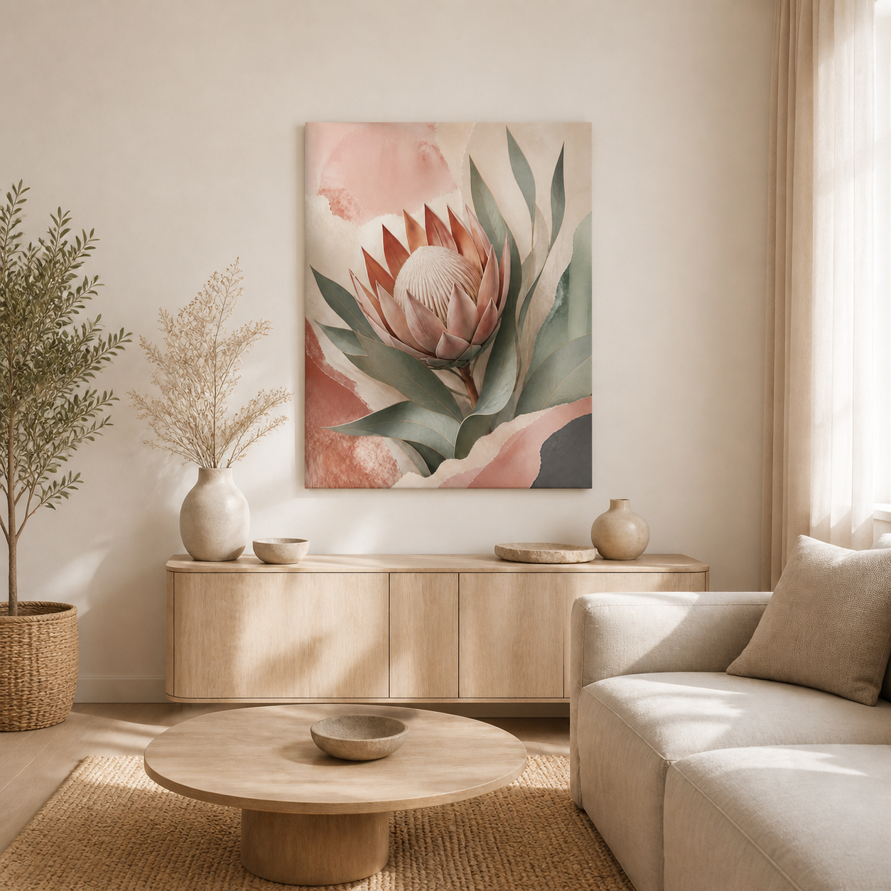 Protea Hush stretched canvas in a neutral living room – full square lifestyle view