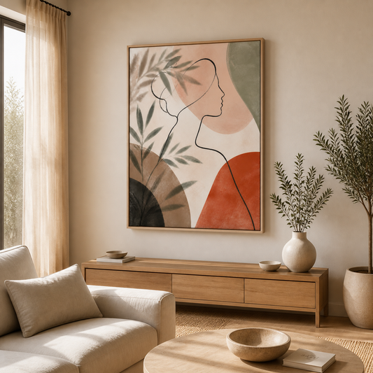 Quiet Muse canvas in a natural birch floating frame – full square lifestyle view