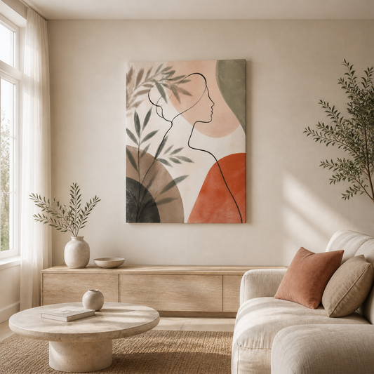 Quiet Muse stretched canvas in a styled living room – full square lifestyle view