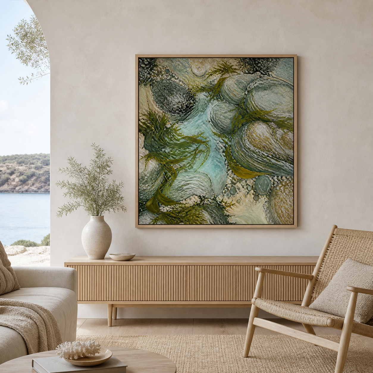 Rockpool Garden birch floating frame canvas in a coastal interior