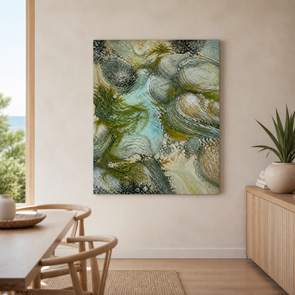 Rockpool Garden stretched canvas in a coastal interior