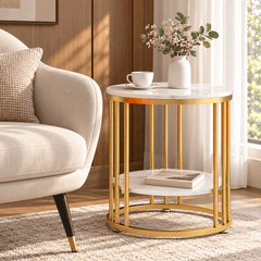 Round gold frame side table with white marble look tops beside a cream armchair holding a cup, a vase of flowers and a book
