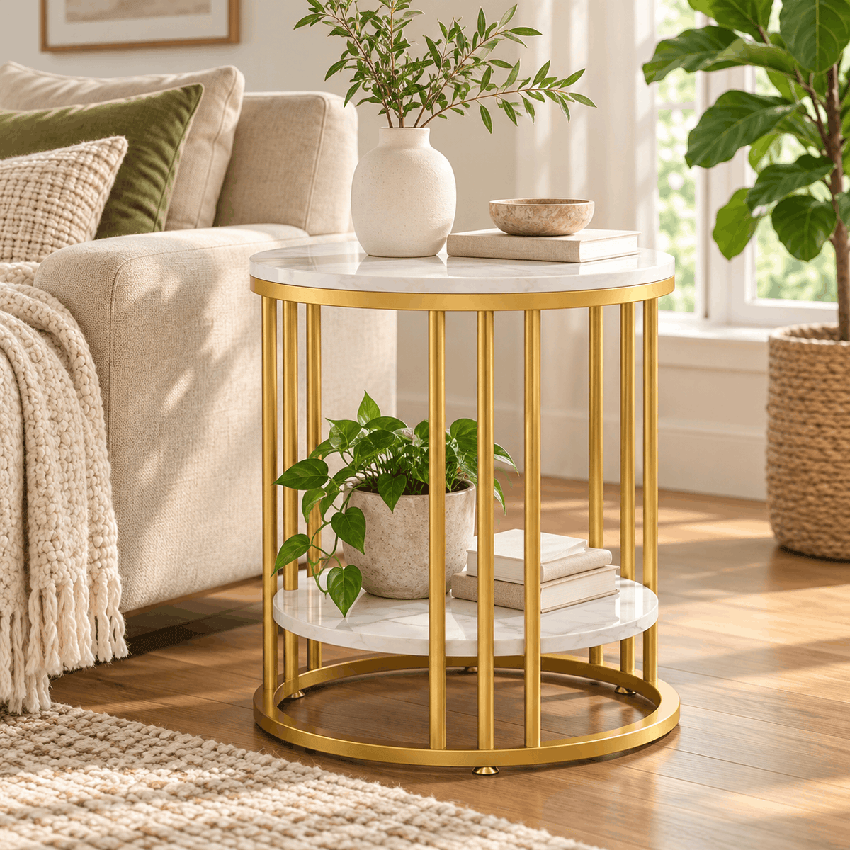 Round gold frame side table with white marble look tops beside a cream sofa holding a vase, a bowl, a plant and books
