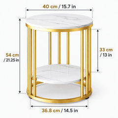 Dimensions diagram of the round two tier gold frame side table showing width, height, shelf gap and base size
