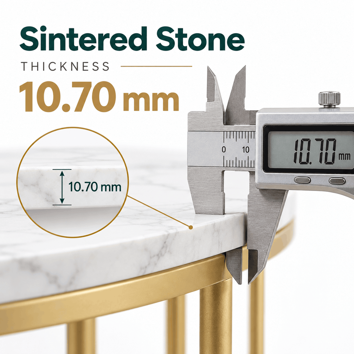 Close up of the edge of a white marble look tabletop with a digital caliper measuring it above a gold frame