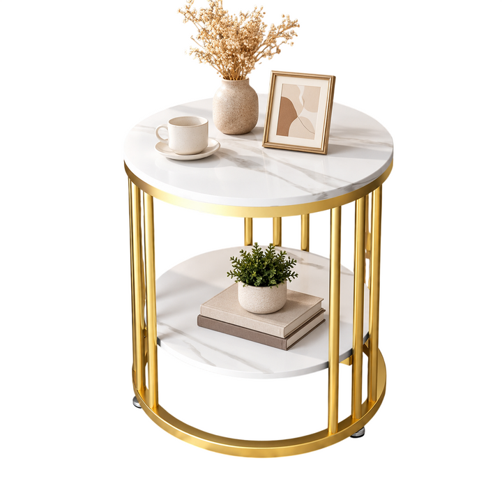 Round Side Table 2 Tier Marble Look Sintered Stone Top Gold Frame