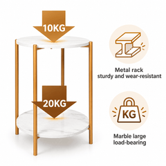 Round two tier side table with arrows pointing at the top and lower shelves and two feature icons beside it