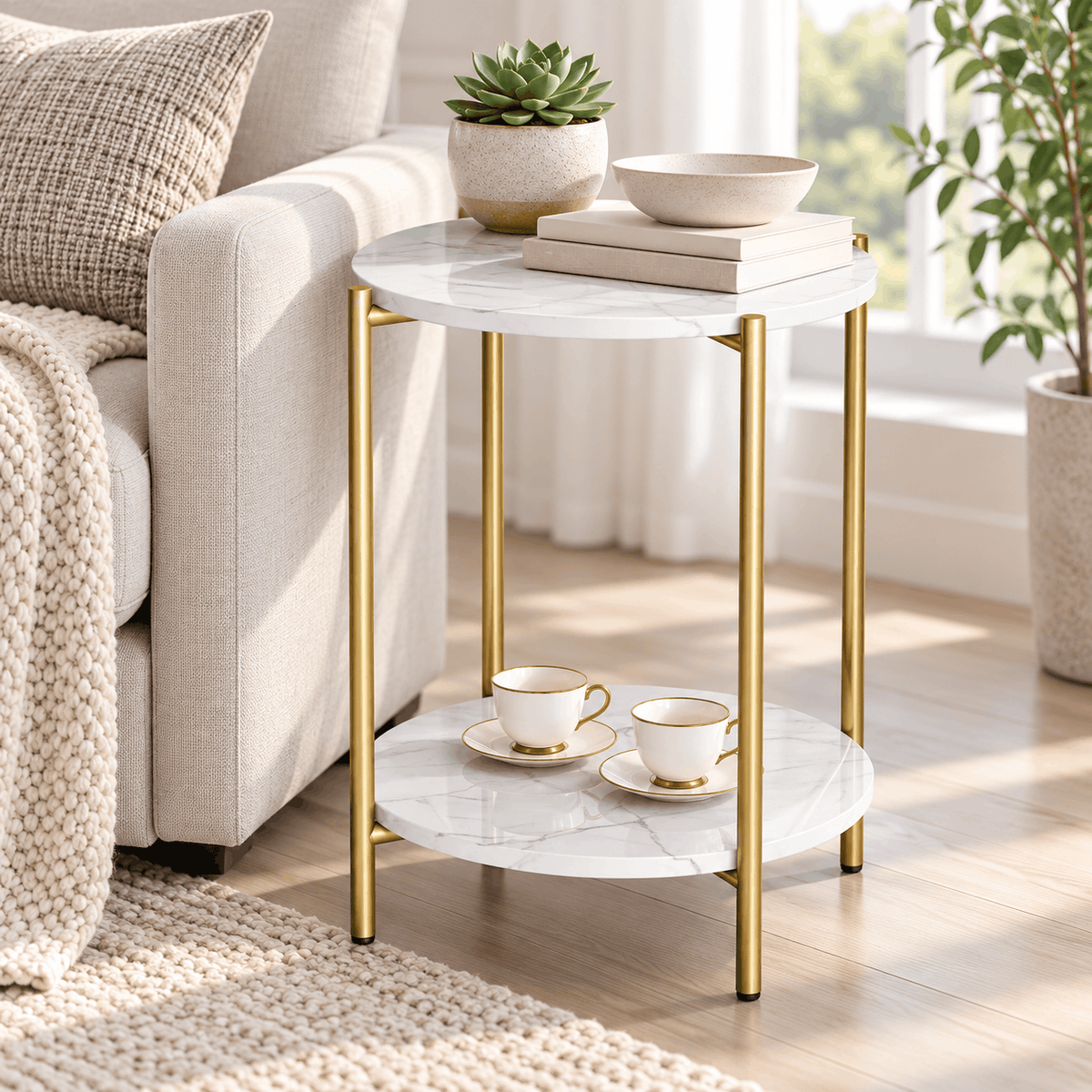 Gold leg side table with white marble look tops holding a succulent, a bowl and books above two tea cups on the lower shelf