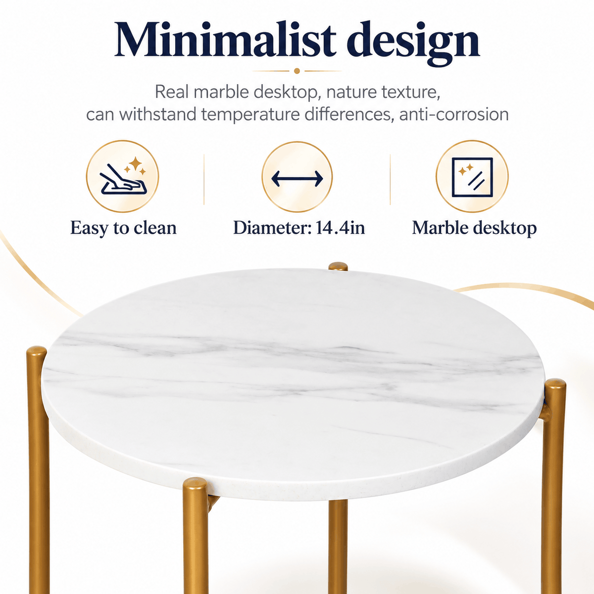 Close up of a round white marble look tabletop on gold legs with three small feature icons above it