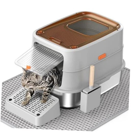 Extra-Large Stainless Steel Cat Litter Tray with Durable Lid and Scoop