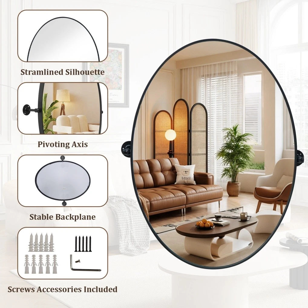 Matte Black Pivot Oval Wall Mirror - Tilting Bathroom Mirror (Horizontal / Vertical)