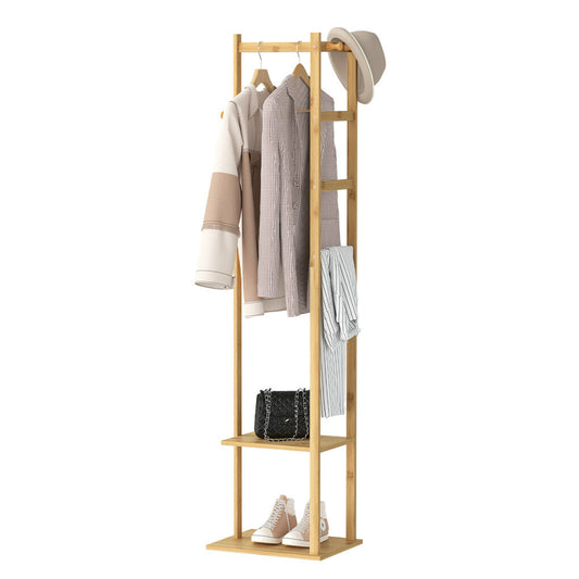 P&P Versatile 3-in-1 Bamboo Coat Hanger Stand Large Capacity Garment Rack w/ Shelves