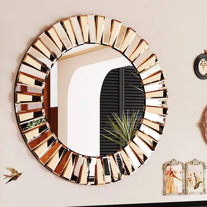 Silver and Tawny Round Sunburst Mirror with Beveled Glass, Decorative Wall Accent