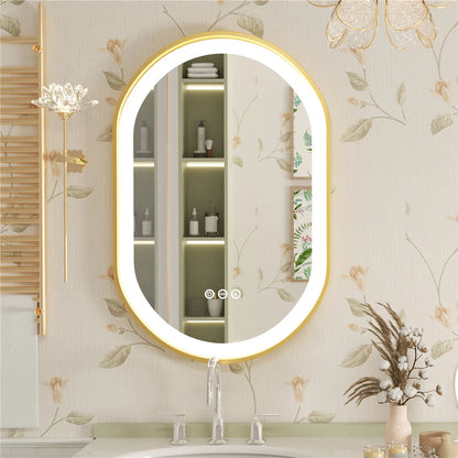 Oval LED Bathroom Mirror with Lights Luxury Gold Frame Anti-Fog Dimmable Wall Mirror, 3 Color Modes & Memory Function