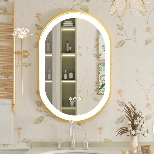 Oval LED Bathroom Mirror with Lights Luxury Gold Frame Anti-Fog Dimmable Wall Mirror, 3 Color Modes & Memory Function