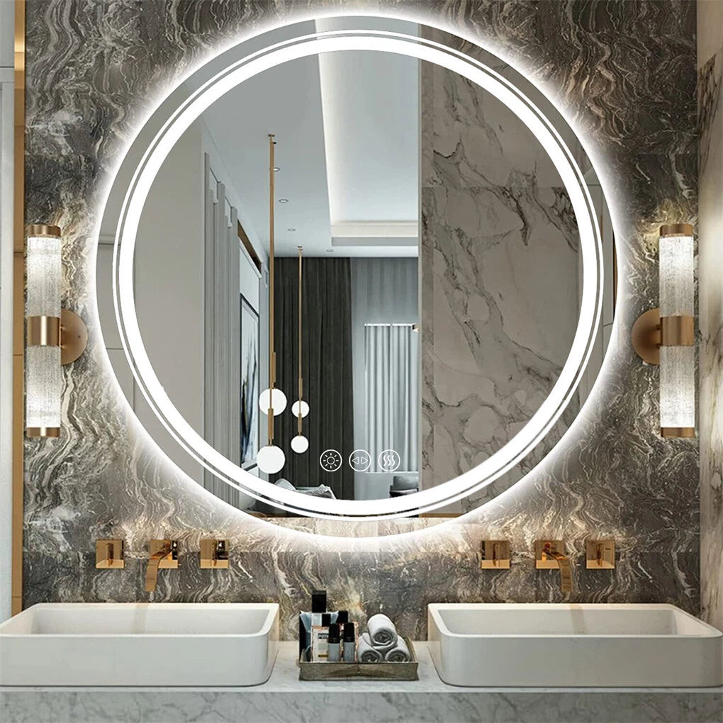 P&P Silver Mirror With White Frame Round LED Bathroom Mirror