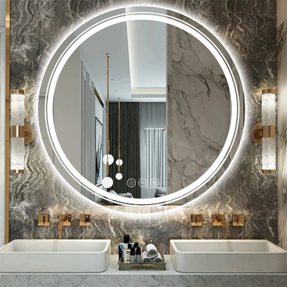 P&P Silver Mirror With White Frame Round LED Bathroom Mirror