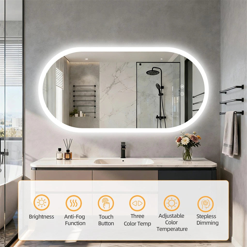 Oval Illuminated LED Bathroom Mirror Anti-Fog Backlit Wall Hanging Mirror (50x80 / 50x100 / 60x120cm)