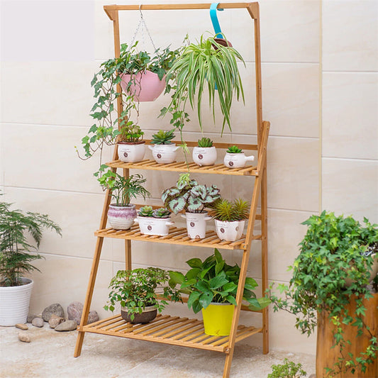 3 Tier Bamboo Plant Stand Folding Ladder Shelf with Hanging Rack - Indoor Outdoor Flower Pot Display Stand Natural Wood