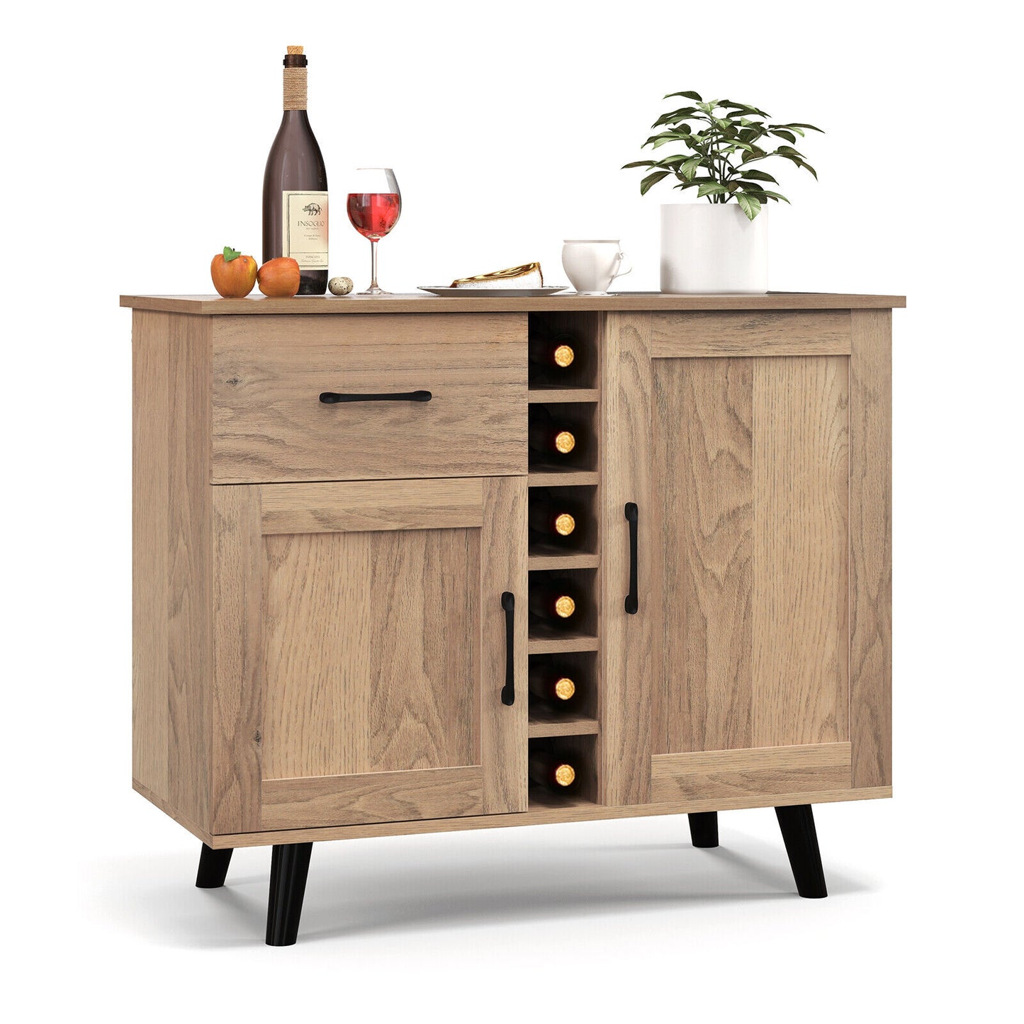 2-Door Wine Bar Cabinet Kitchen Sideboard Buffet with Drawer and Adjustable Shelves
