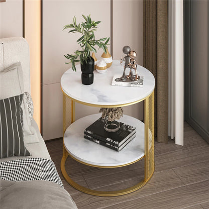 White Marble Side End Table Round Coffee Accent Table Nightstand Gold Iron Frame