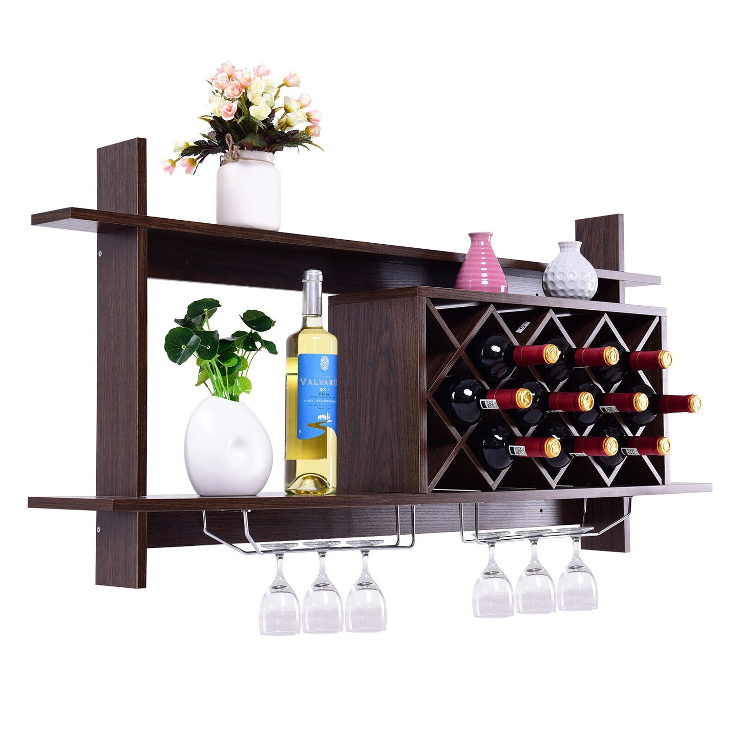 Wall Mounted Wine Rack Bottle Glass Holder Wine Storage Shelf Bar Home