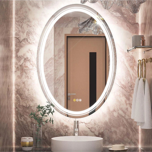 Dual Illuminated LED Oval Bathroom Mirror Anti-Fog Makeup Vanity Mirror with Front & Back Lights, Dimmable Touch Control, IP44 Waterproof