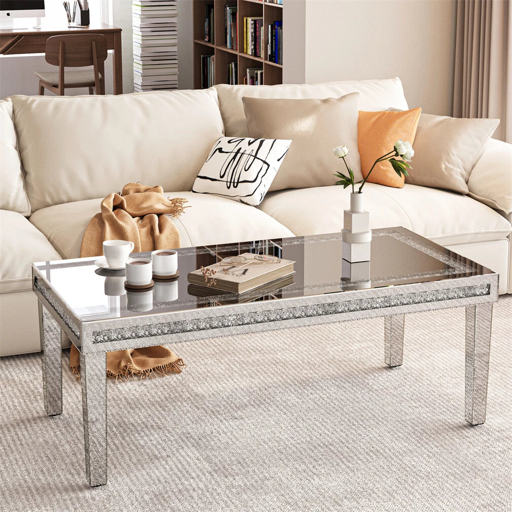 Silver Mirrored Coffee Table with Crushed Diamond Border