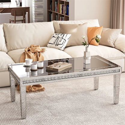 Silver Mirrored Coffee Table with Crushed Diamond Border