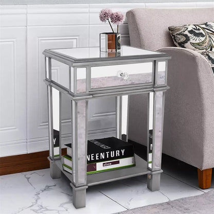 2-Tier Luxury Silver Mirrored Side Table Nightstand with Drawer Sofa Side Bedside