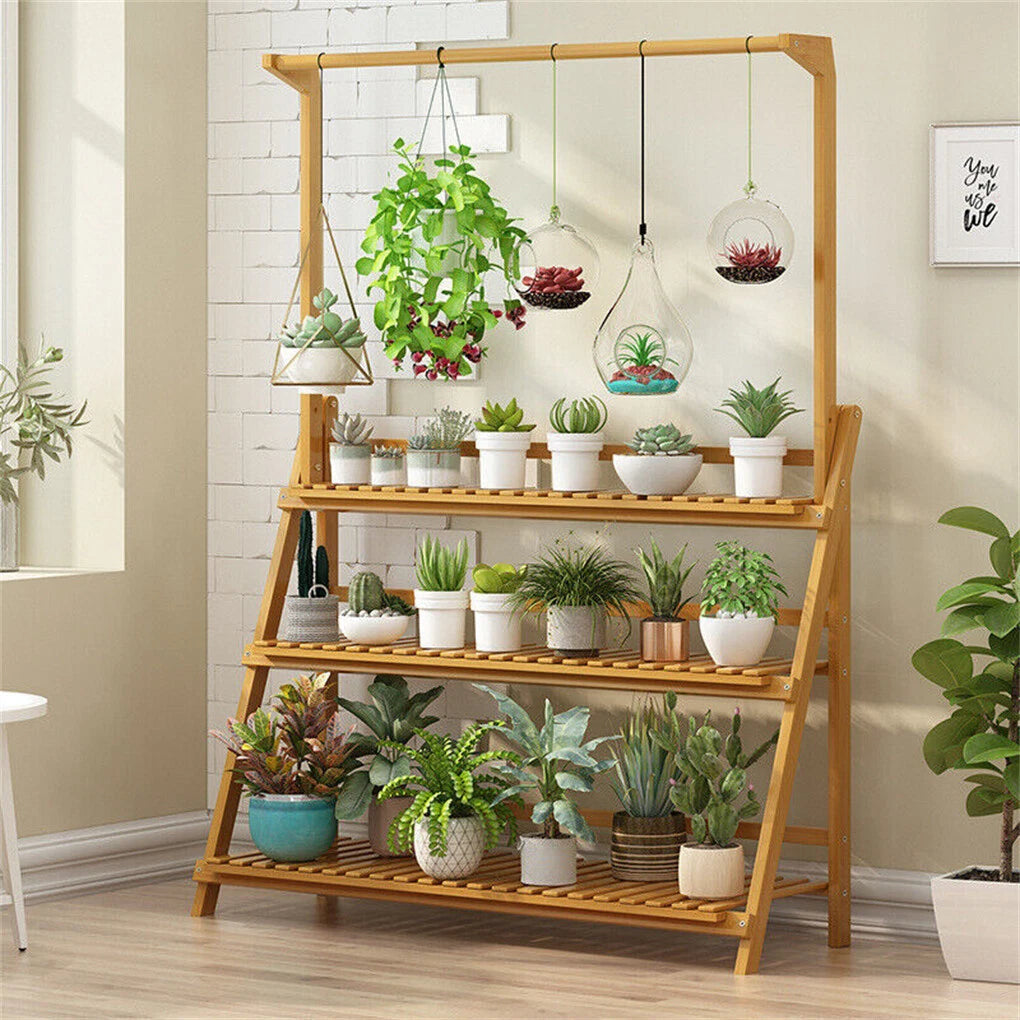 3 Tier Bamboo Plant Stand Folding Ladder Shelf with Hanging Rack, Space-Saving Flower Pot Display Stand for Indoor & Outdoor Garden Decor