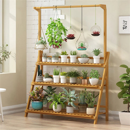 3 Tier Bamboo Plant Stand Folding Ladder Shelf with Hanging Rack, Space-Saving Flower Pot Display Stand for Indoor & Outdoor Garden Decor