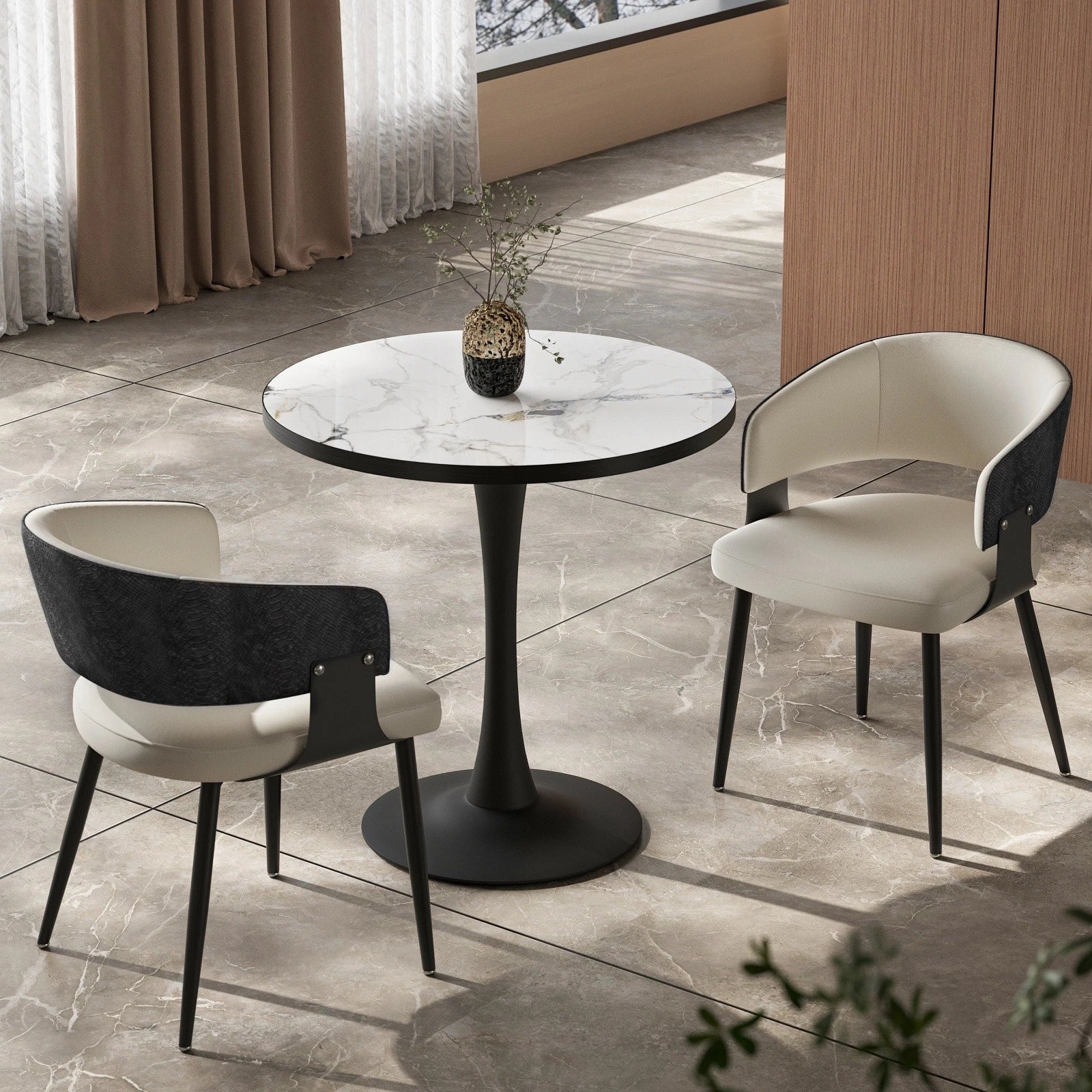 High-End Leather Upholstered Dining Chairs - Padded Leisure Chair with Backrest